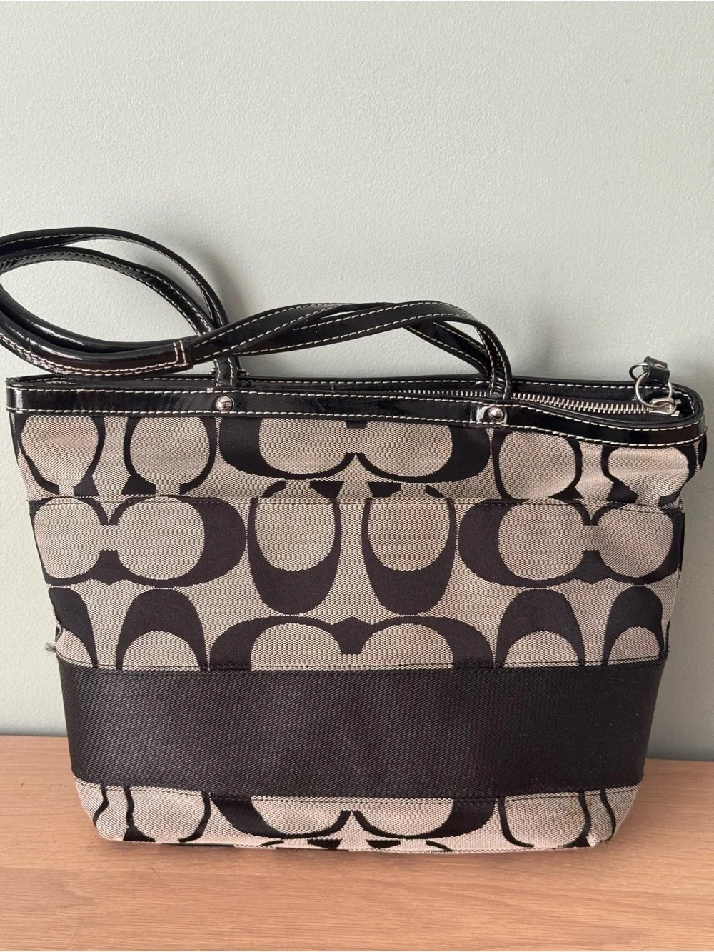 VTG Y2K Coach Signature Stripe Tote Black-On-Gray Monogram Jacquard Shoulder Bag